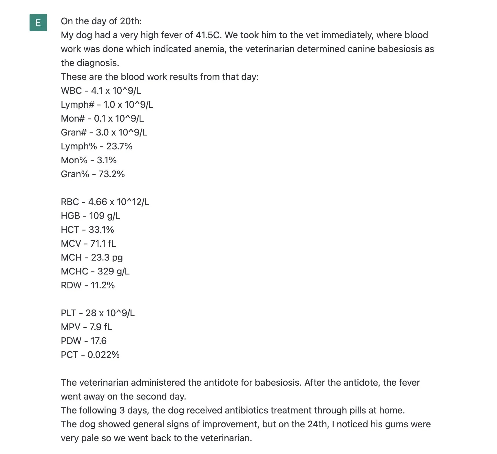 tweet of blood test results